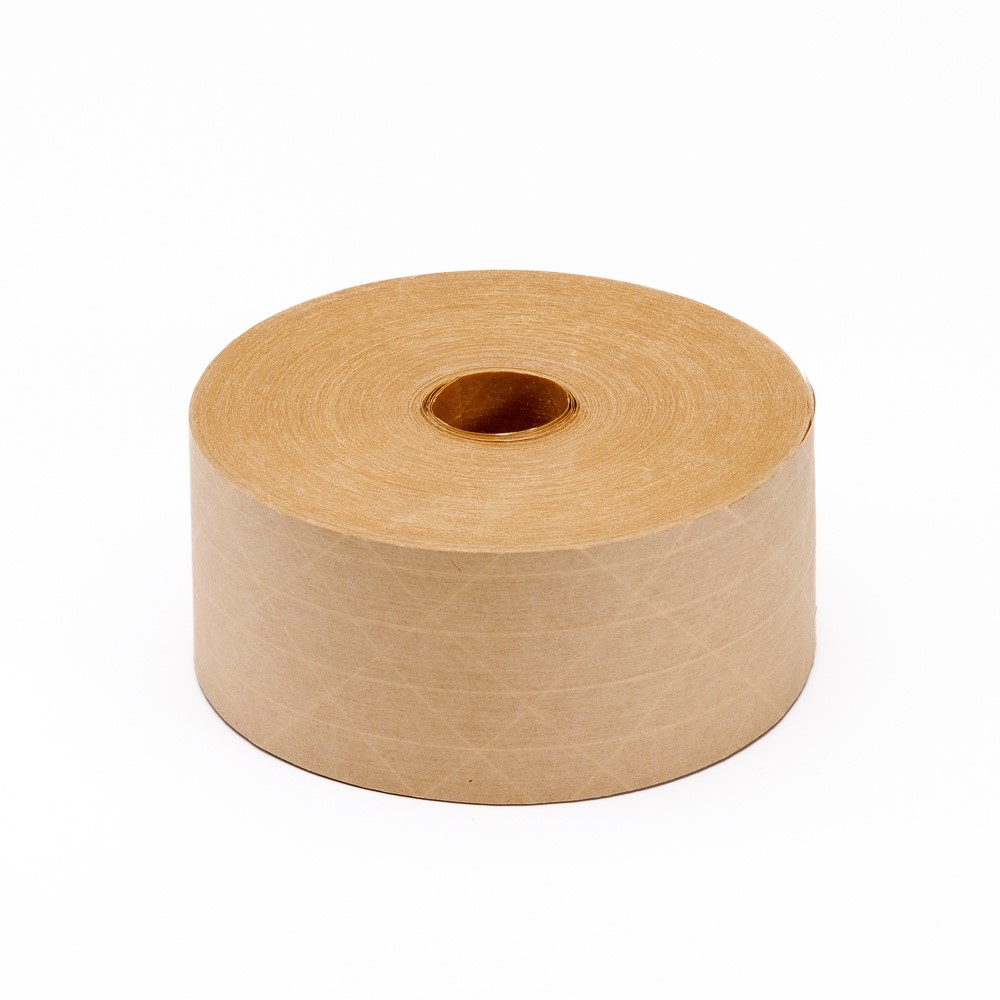 Brown TUFflex® tape roll with criss-cross pattern, laid horizontally with core pointing upwards TUFflex® 68.5-lbs Natural Reinforced Carton Sealing Tape Roll (70 mm. x 450 ft., 10 Rolls/Case)